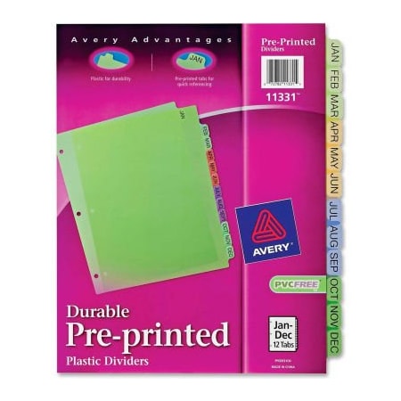 Avery Dennison Avery Preprinted Monthly Plastic Divider, Printed Jan to Dec, 8.5"x11", 12 Tabs, Multicolor/Assorted 11331